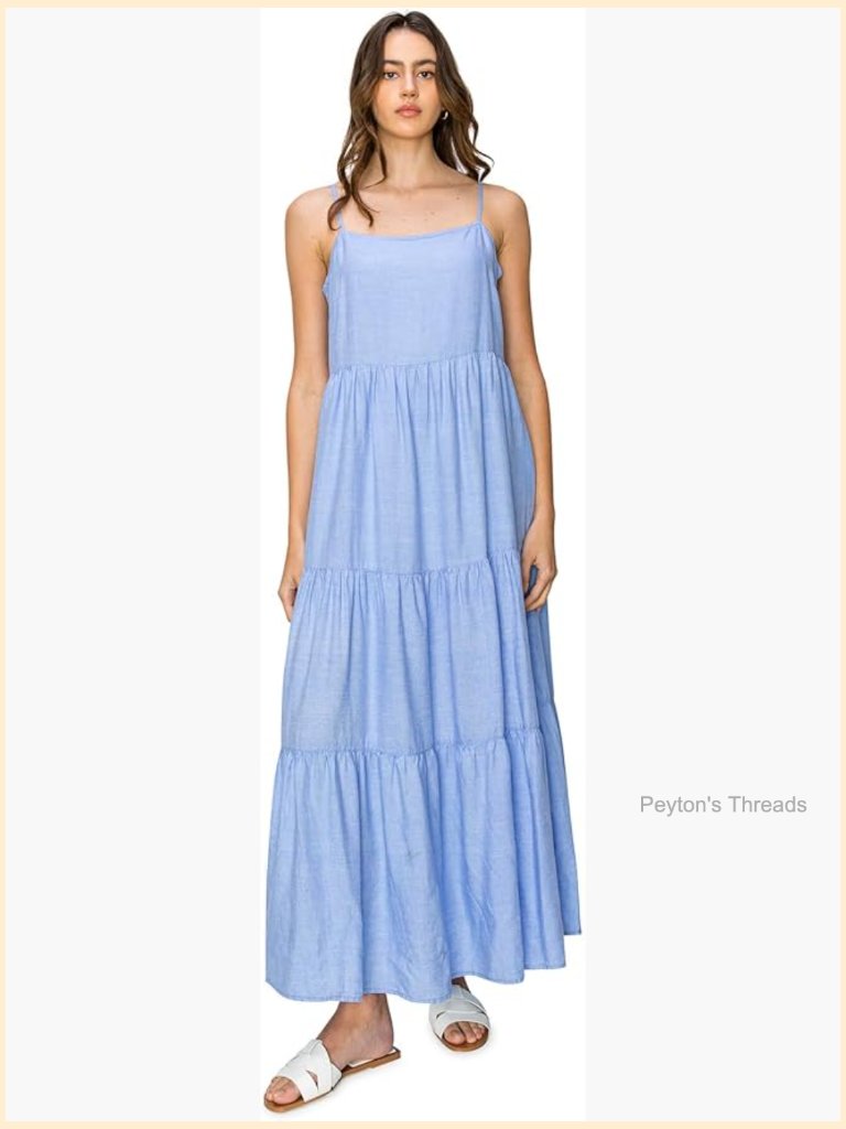 Linen Blend Lined Tiered Sleeveless Maxi Dress With Adjustable Spaghetti Strap